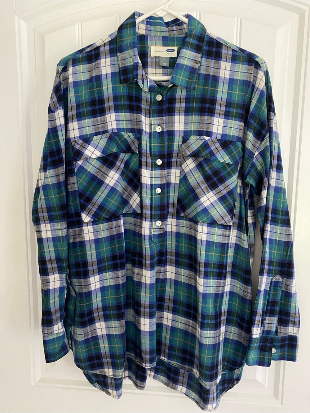 Old Navy Blue and Green Plaid Button-Down "Boyfriend" Shirt